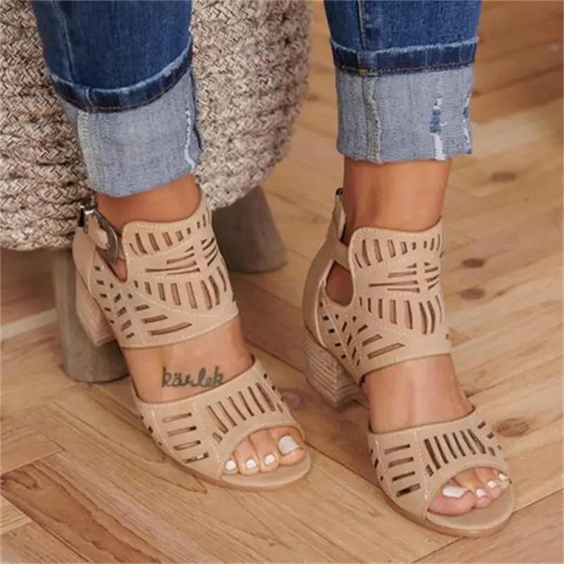 Fashion Women Mid Heel Summer Slip-on Buckle Ladies Shoes Open Toe Casual Wedding Pumps Sandalias Solid Color Thick Heeled Sandales