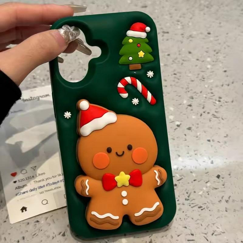 Cute Healing 3D Christmas Gingerbread Man Stand Phone Case For iPhone 17 AIR 16 15 14 13 12 Pro Max  Y2K Cartoon Green Cover