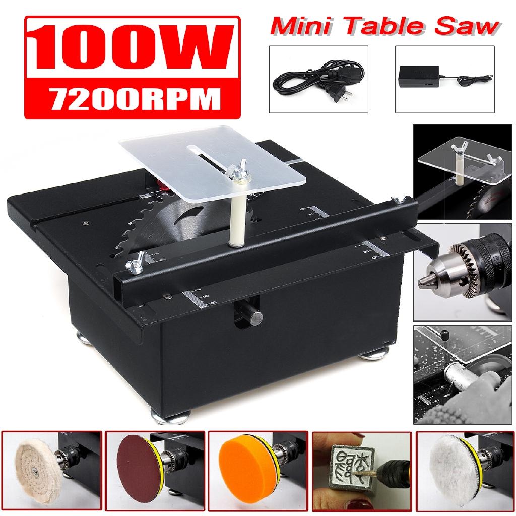 100W Mini Table Saw Handmade Woodworking Bench Saw DIY Hobby Model Crafts Cutting Tool+Power Supply 125mm HSS Circular Saw Blade