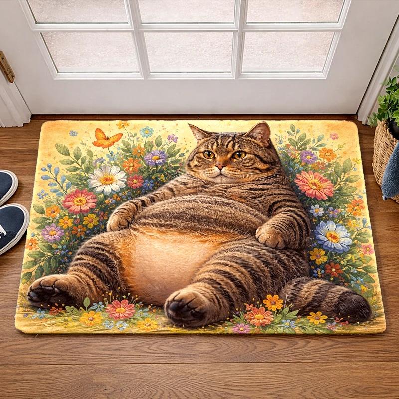 1Pcs Anti Fatigue Kitchen Rugs,  Cute Fat Tabby Print Waterproof Non-Slip Thick Cushioned Kitchen Mat Heavy Duty Comfort Standing Mat for Kitchen