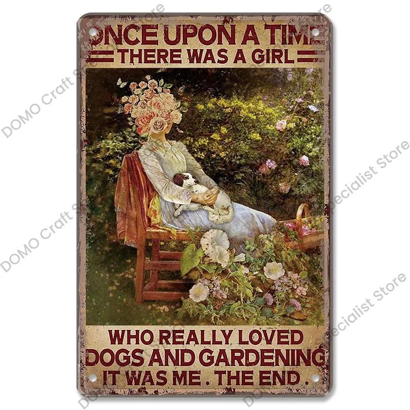 Vintage Garden Metal Tin Sign Plaque Pc  CatDogSunflowersGirl Design Ideal Wall Decor for Flower ShopManorLiving Room