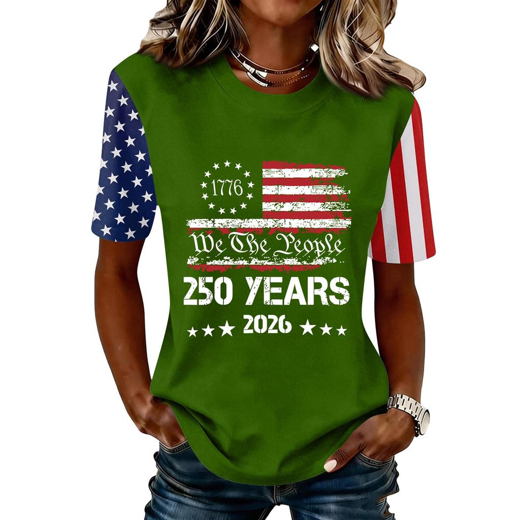 Blusa Feminina da Moda Casual de Manga Curta com Estampa e Gola Redonda