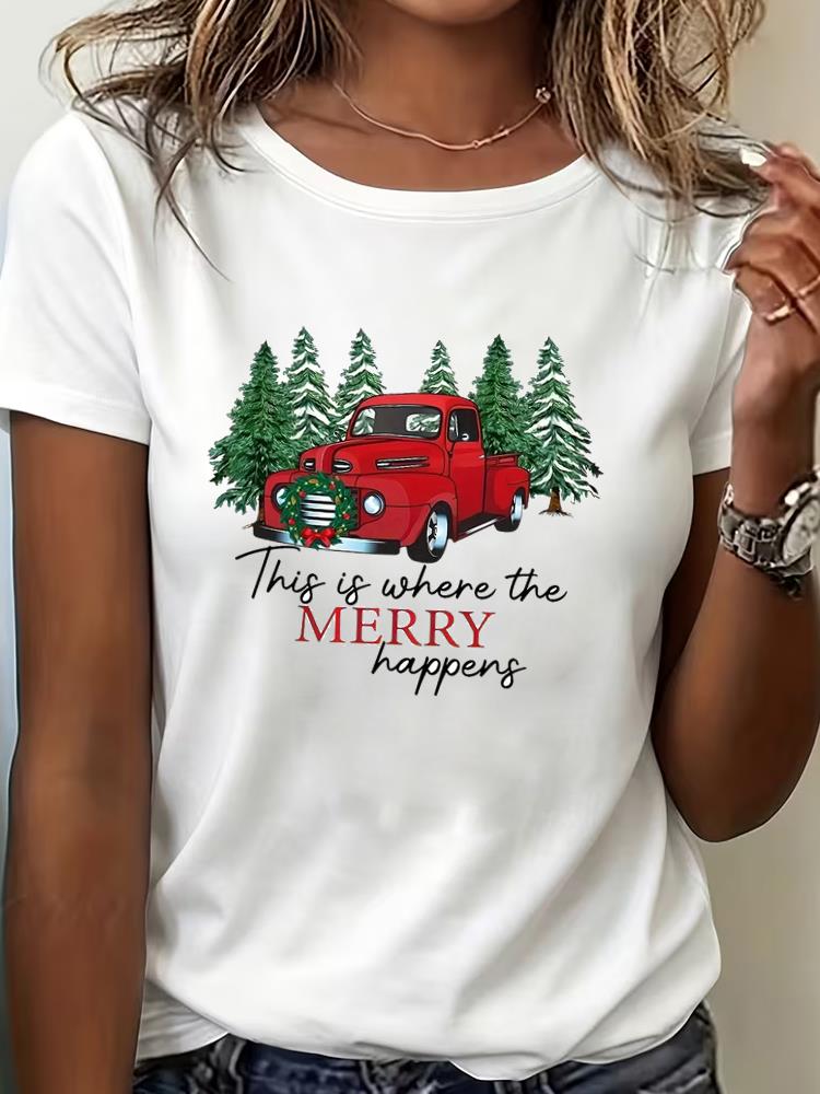 (Asian Size) Tee Top Print New Year trend lovely Clothing T Shirt Women Fashion Christmas Festival Female Woman Short Sleeve Graphic T-shirts