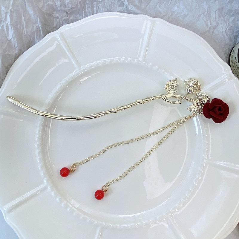 Vintage Rose Haar Sticks Hairwear Für Frauen Einfache Blume Rote Haarnadel Haar Zubehör Essstäbchen Scheibe Hairstick Kopfschmuck Schmuck