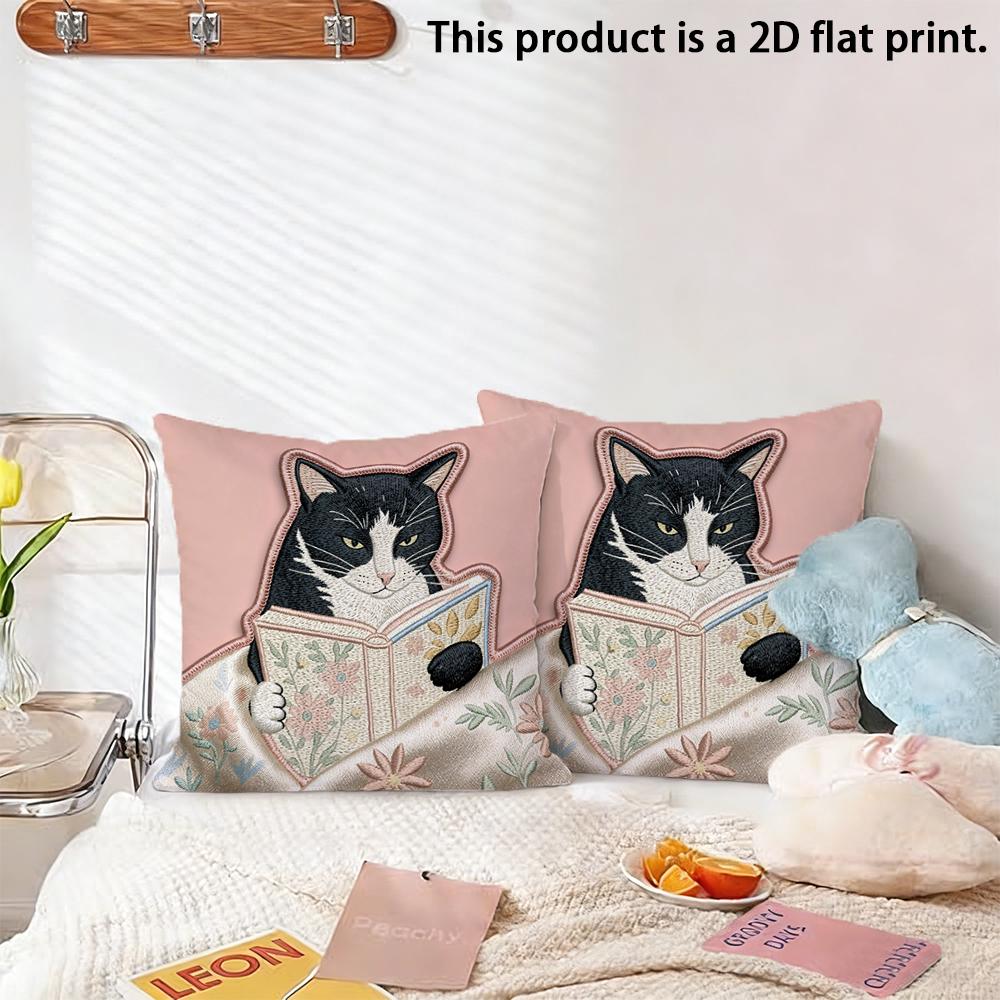 2pcs Vintage Reading Black Cat Throw Pillow Covers Cute Book Lover Cat Cushion Cases for Sofa Bedroom Living Room Decor