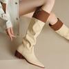 Fashion Square Toe Leather Color Blocking Middle Heel Knee High Shaft Shoes Woman Autumn Winter Chic and Elegant Pu Long Boots for Women