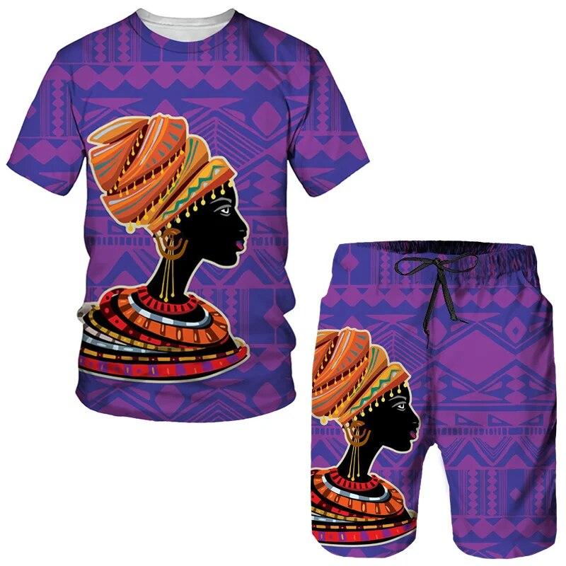 African Girl Graphic Seturi de tricouri pentru bărbați Tricou cu imprimeu 3D în stil etnic Pantaloni scurți Set din două piese Pulover supradimensionat Trening