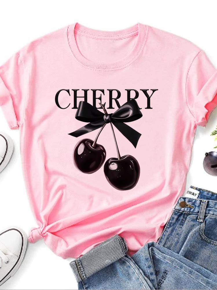 New Summer Women T Shirt Fashion Cherry Bow Print Short Sleeve T-Shirts Casual Streetwear Hip Hop Y2k Clothes Tops