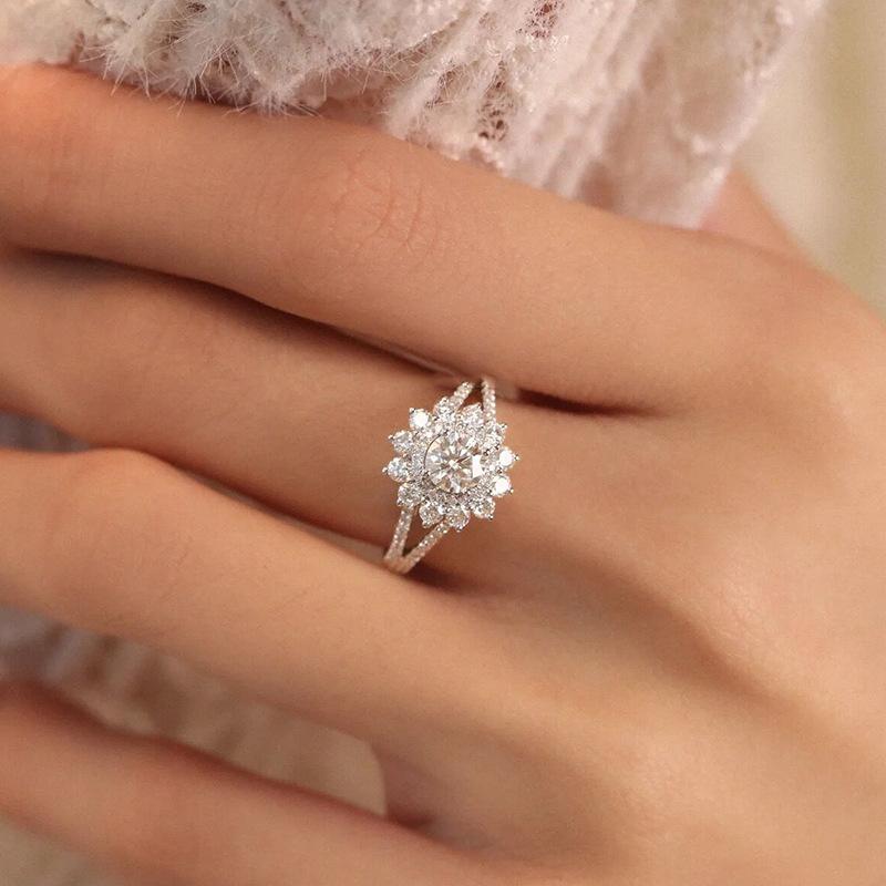 Luxury Prong Set Zircon Flower Ring Anniversary Gift Wedding Ring 925 Stamp Party Birthday Fashion Jewelry