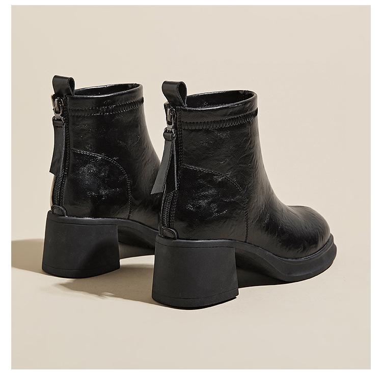 Fall/Winter Women's Thick-Soled Genuine Leather Skinny Boots, Korean-Style Back Zipper Martin Boots, Slip-On Casual Shoes