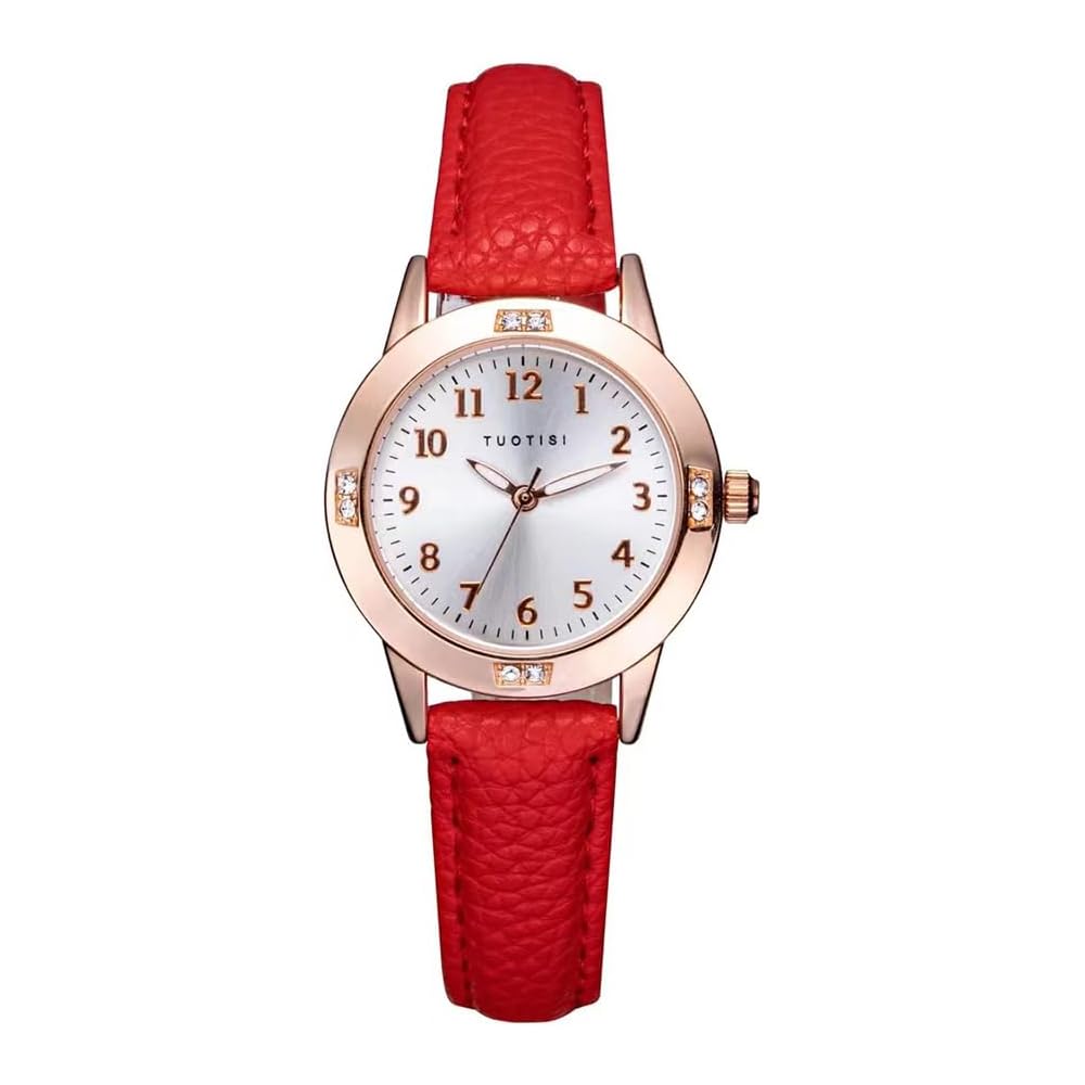 Girls Quartz Round Face Watch with Arabic Numerals Analog Daily Waterproof Cute for Students Red