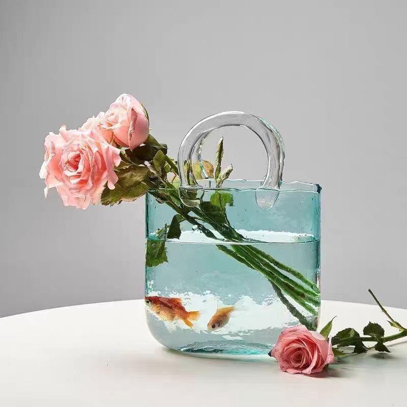 Trendige Glas-Handtaschen-Vase, Kreative Blasen-Fischglas-Blumenvase für Tischplatte, Hydroponische & Dekorative Blumen