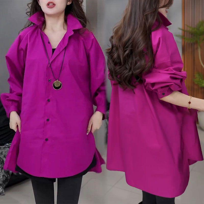 Spring Fashion Loose Fit Solid Color Shirt Trendy Oversized Long Top for Women Casual Commute