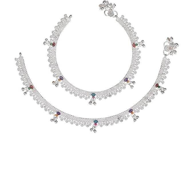 Indian Traditional Ethnic Silver Plated Anklets for Women & Girls | Fancy Foot Jewellery, Painjan Payal, Pair