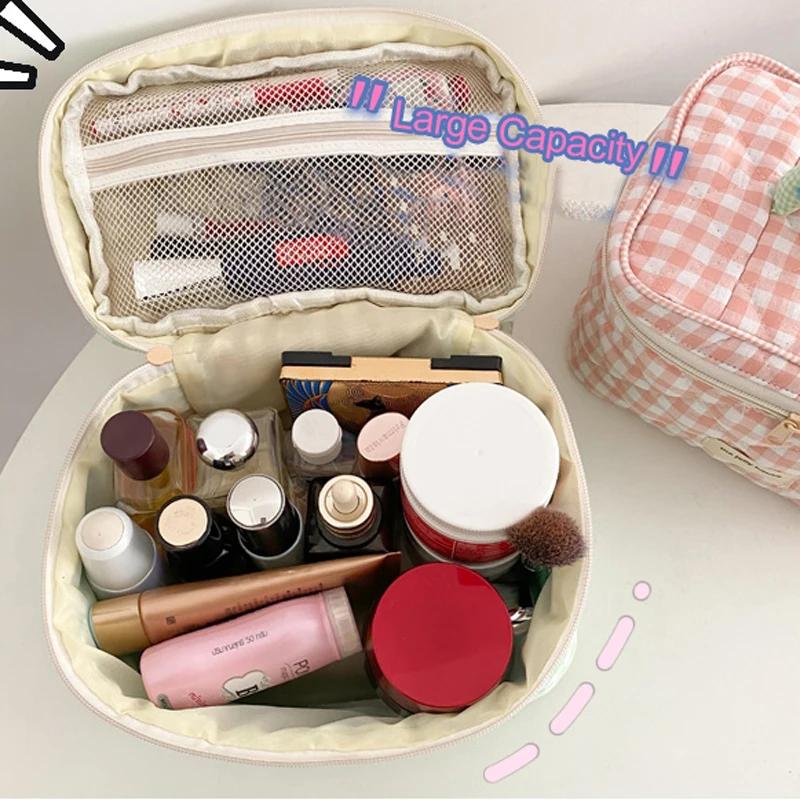 2025 Plaid Pattern Toiletries Case Flip Makeup Bag with Zipper Quilted Cotton Cosmetics Storage Box for Woman and Girls