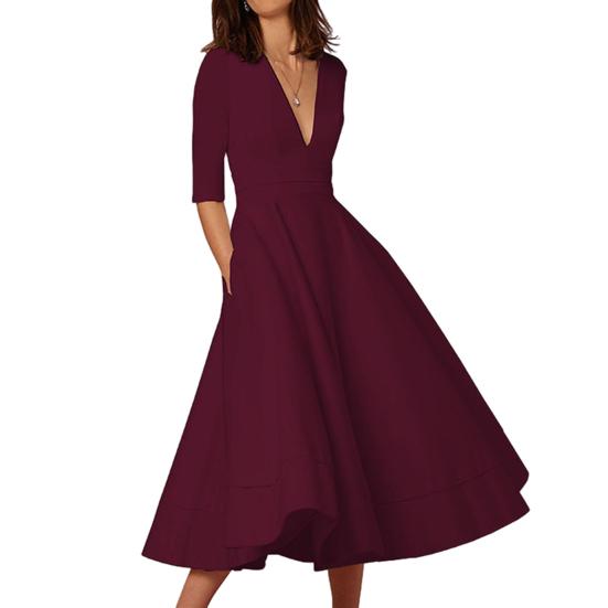 Dame Midi-kjole Dyp V-hals A-linje Flowy Hem Ensfarget halve ermer Ren farge Datingkjole Prom Party Bankett Aftenkjole