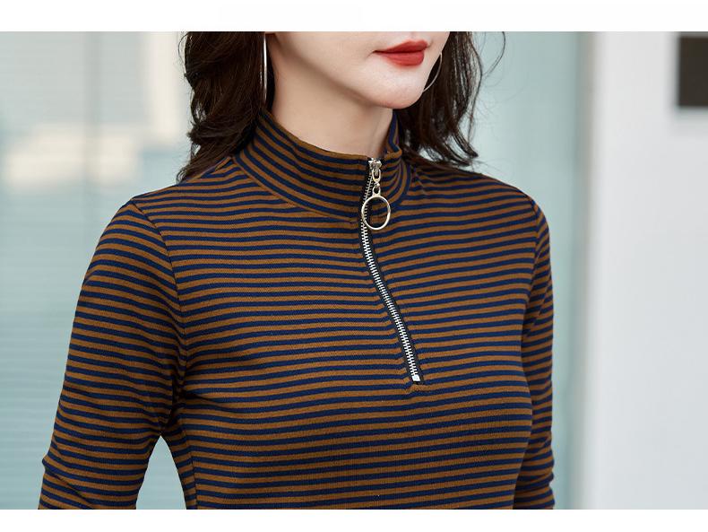 Women's Striped Pure Cotton Long Sleeve T-Shirt, Autumn/Winter 2025, Fashionable Slimming Base Layer with Zippered Stand Collar