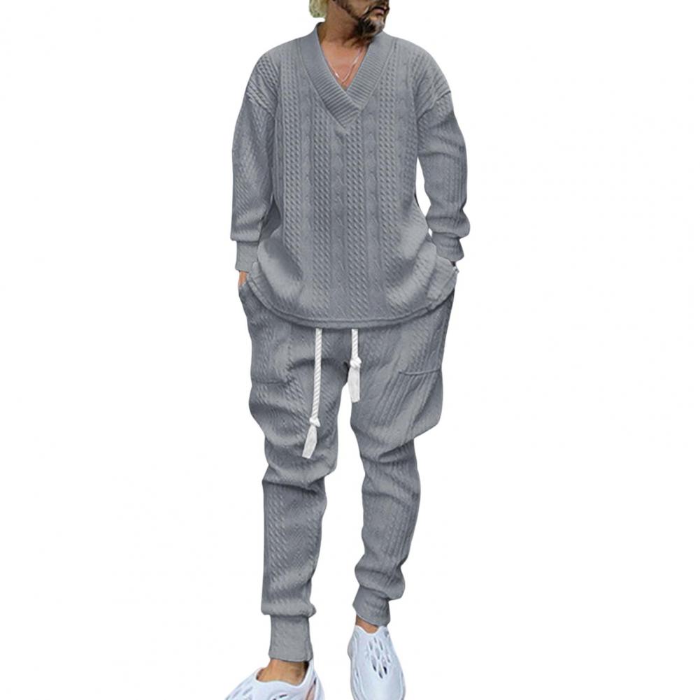 

2Pcs/Set Men Sportswear Suit V-Neck Long Sleeve Tops Elastic Drawstring Waist Sweatpants with Pockets Set Twist Texture Leisurew XXXL світло-сірого кольору