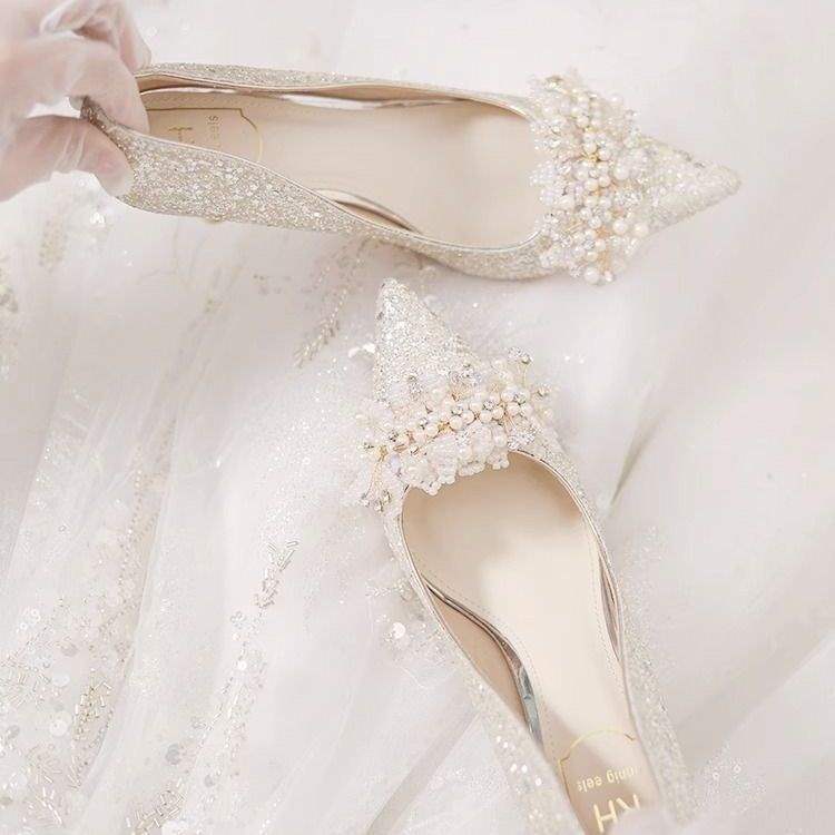 Silver wedding shoes bride shoes 2025 new high heels women's thin heels Xiuhe two wear main wedding dress crystal shoes sequined diamonds