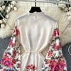 Spring Women Vintage Print Single Breasted Long Maxi Holiday Beach Dresses with Belt
