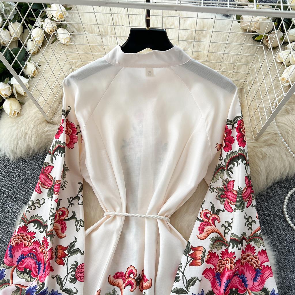Spring Women Vintage Print Single Breasted Long Maxi Holiday Beach Dresses with Belt
