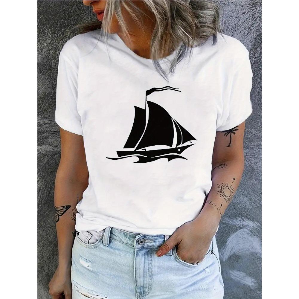 T-shirt Graphique Voilier Noir Blanc pour Femme Respirant Col Rond pour l'Été Manches Courtes Harajuku Hauts T-shirts