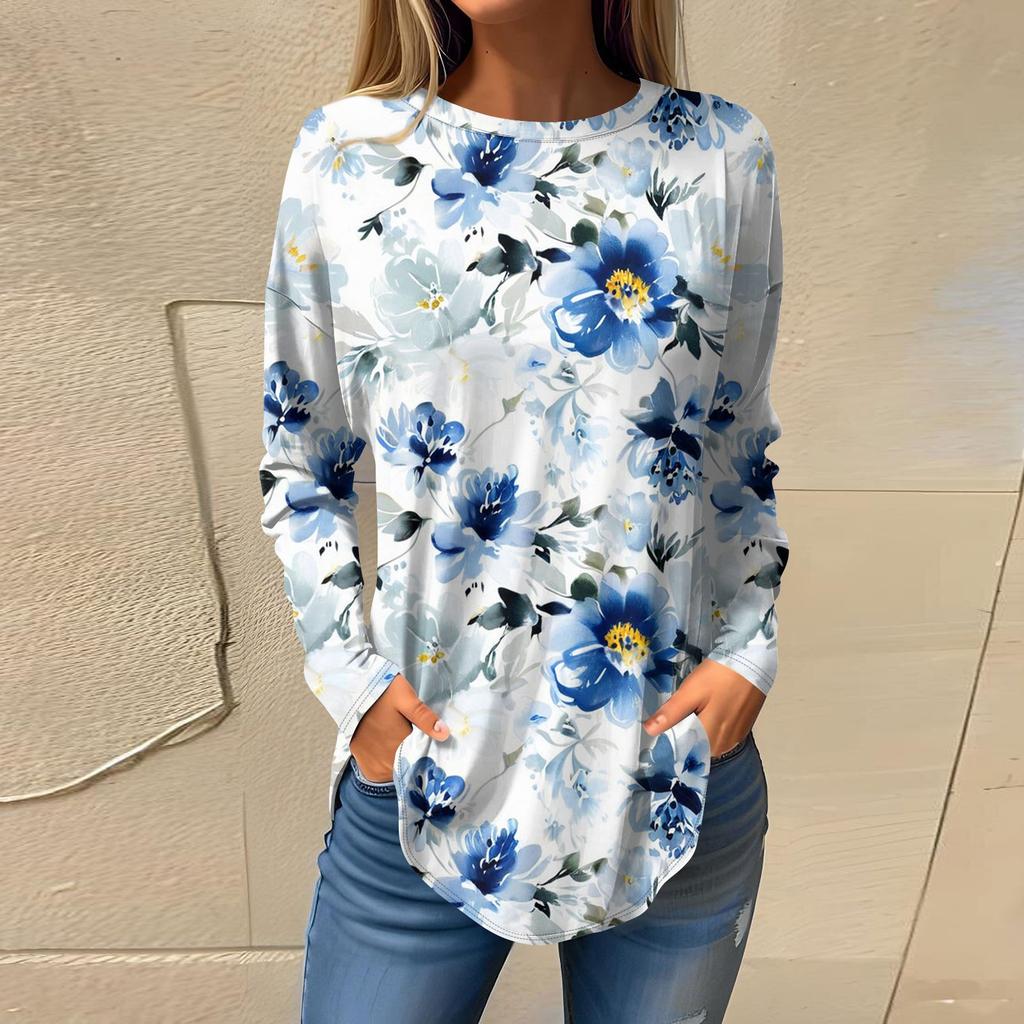 Women's Fashion Casual Round Neck Floral Long Sleeve T-shirt Pullover Long Sleeve Top
