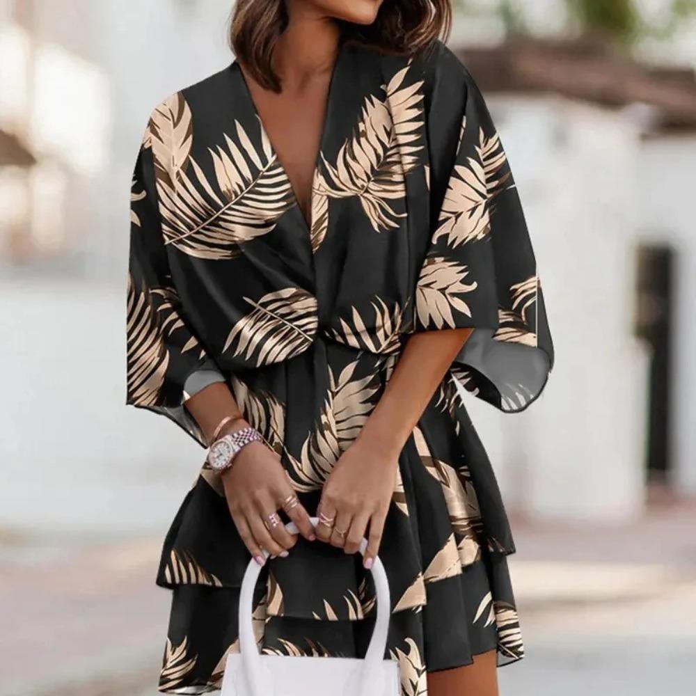 Damska Falbaniasta Sukienka na Imprezę Plażową Vestidos Kobiety Seksowne Mini Sukienki z Dekoltem V Letnie Boho Codzienne Sukienki z Kwiatowym Wzorem i Rękawami Nietoperzowymi