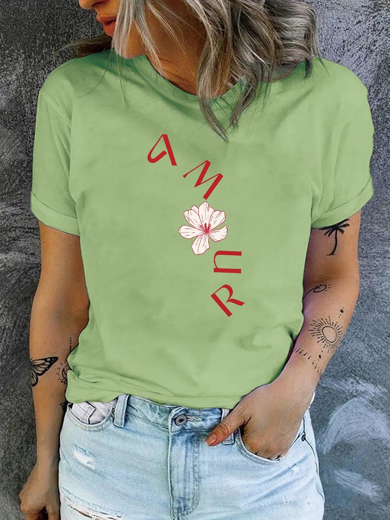 Women'S Casual Round-Neck T-Shirt with Stylish Letter Print for Spring and Summer