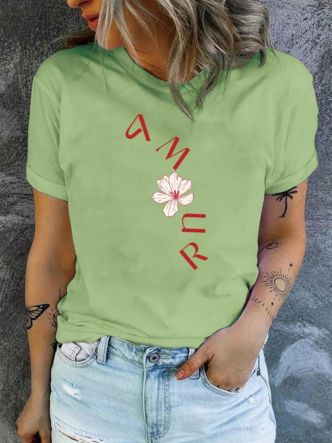Women S Casual Round-Neck T-Shirt with Stylish Letter Print for Spring and Summer S