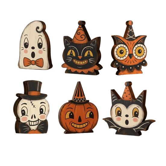 Decorative Tiered Tray Elements Halloween Vintage Wooden Ornaments, Cute Bat/Black Cat/Owl/Pumpkin/Ghost/Skull Decorations, Retro Double Sided Festive