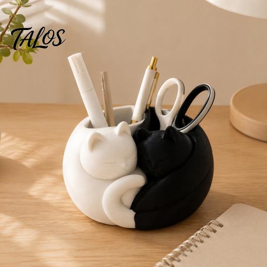 Desktop Stationery Organizer 3D Printed Cat Pen Holder, Cute Sleeping Kitty Organizer, 2-in-1 Multifunctional Storage Box for Makeup Brushes