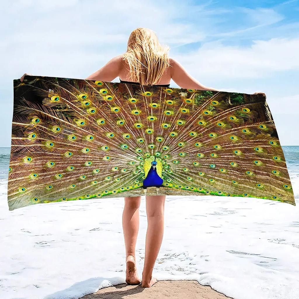 Peacock Beach Towel, Absorbent Quick Dry Sand Free Microfiber Compact Travel Beach Towel, Sandless Lightweight Beach Towel