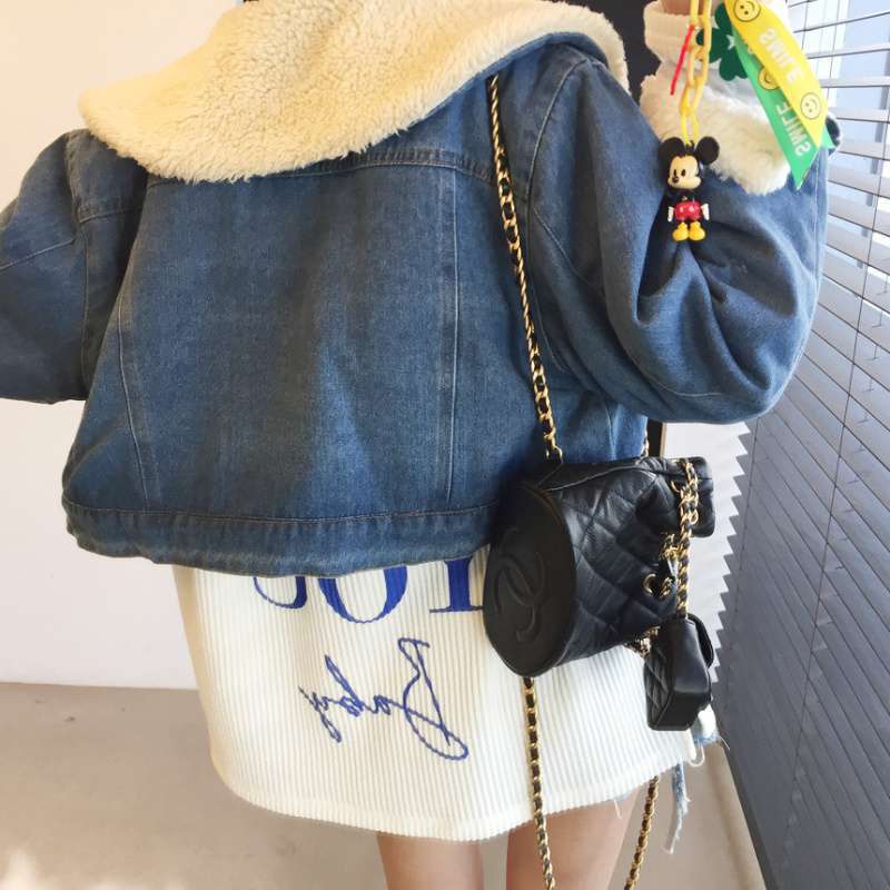 Lamb Fur Spliced Denim Jacket Women  Autumn Winter Vintage Turn Down Collar New Coats Casual Button Up Short Jacket