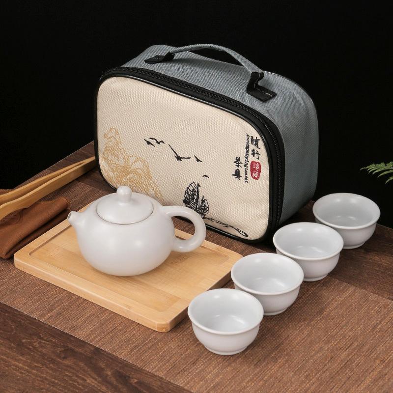 Chinese Tradition Kung Fu Tea Set Portable Ceramic Travel Tea Set Home Office One Teapot Four Teacup Teaware Tea Ceremony Gifts