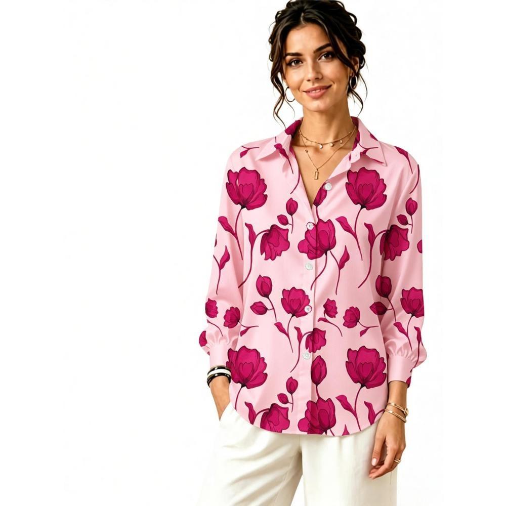 Women Lapel Long Sleeve Green Big Floral Print Shirt, Simple Thin Blouse for Office Work, Daily Wear & Holiday