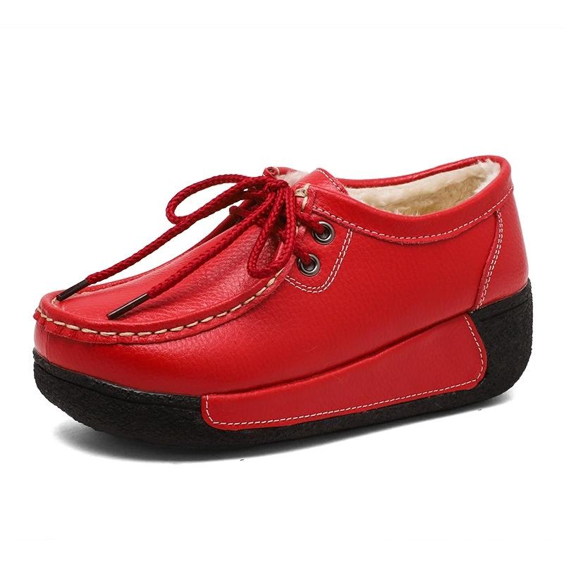 Women Genuine Leather Platform Shoes Winter Plush Walking Shoes 5cm High Wedges Heels Shoes Elegant Warm Mother Shoes