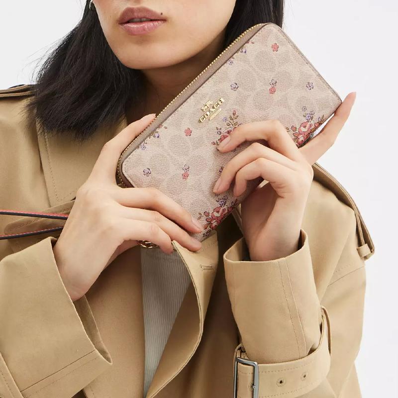 New COACH Zip Around Coated Canvas Wallet Small Women's Beige CAO88-IMSAS