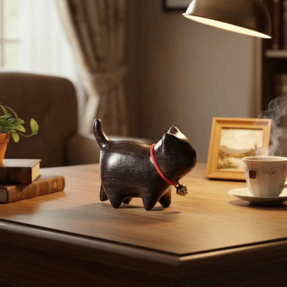 Wood Carving Cat Ornament Natural Texture Lucky Cat Ornament Wooden Cat Figurine  Bookshelf Display