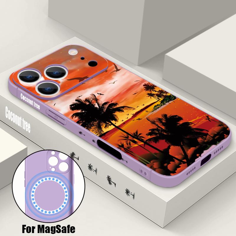 Magnetic For Magsafe Case For iPhone 17 Pro Max Seaside Coconut Print Soft Silicone Phone Back Cover For iPhone 16 15 14 13 Pro Max 16e 17e
