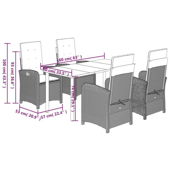 VidaXL Ensemble à Manger de Jardin avec Coussins 5 pcs, Table et Chaises avec Dossier Réglable, Meubles d'Extérieur Patio 3212424