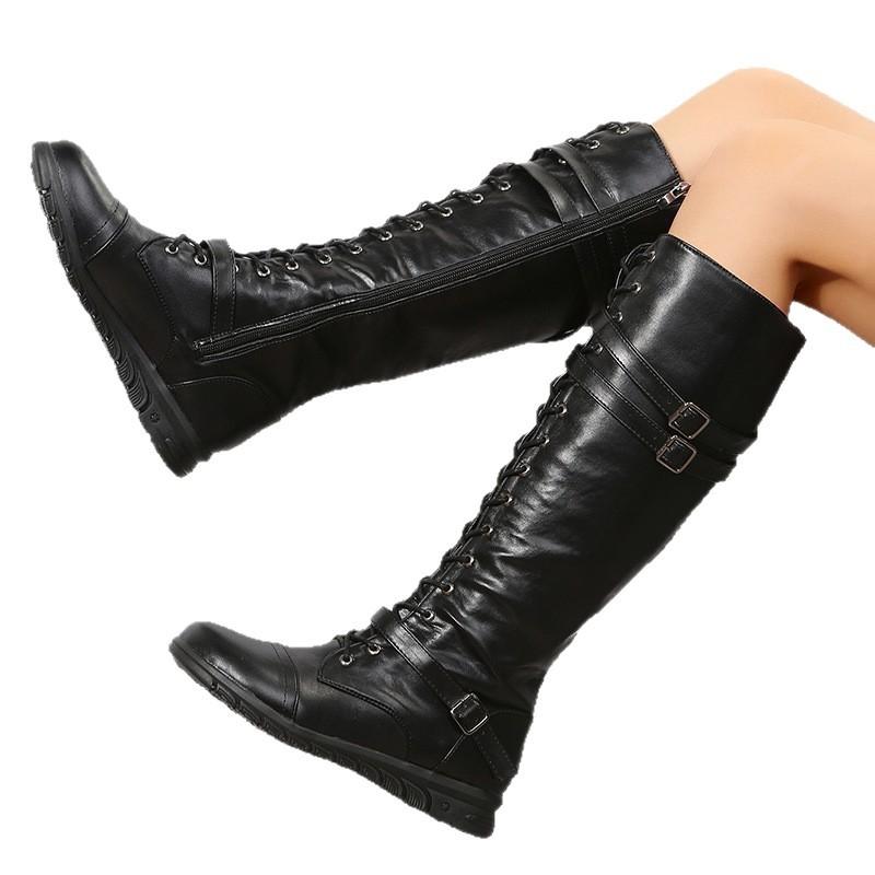 Women's Round Toe Low Heel Riding Boots, Cross Lace-Up High Boots, Plus Size Fall Winter Shoes