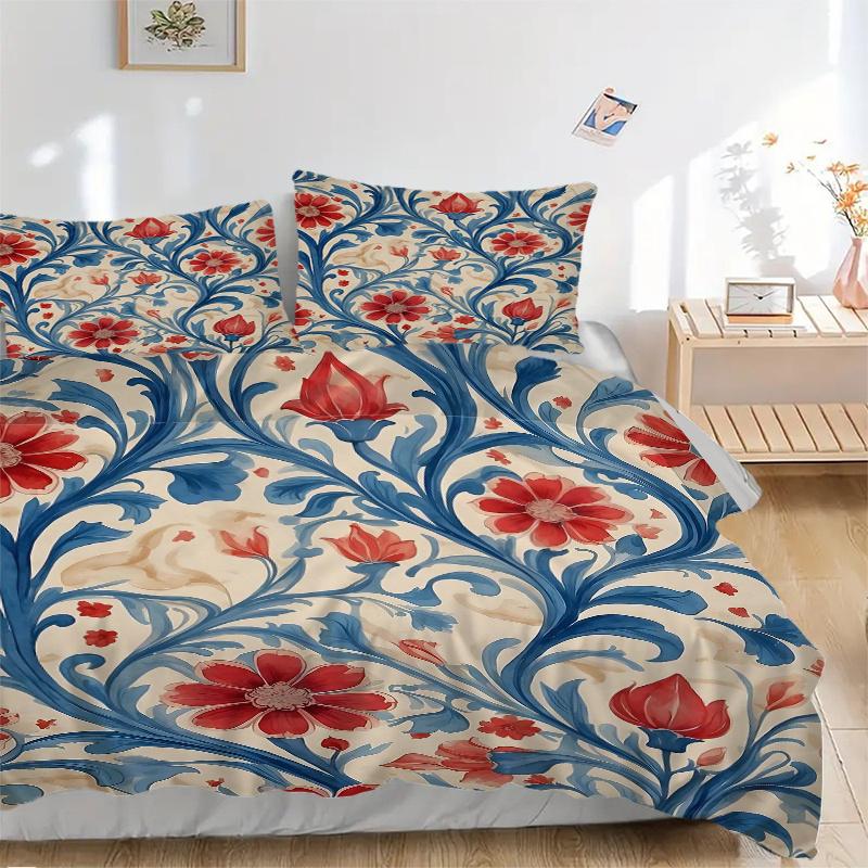 3pcs Red Flowers and Blue Vines Quilt Set Cartoon Themed Bed Quilt Set Lovely Character Bedroom Decor Bed Quilt Set