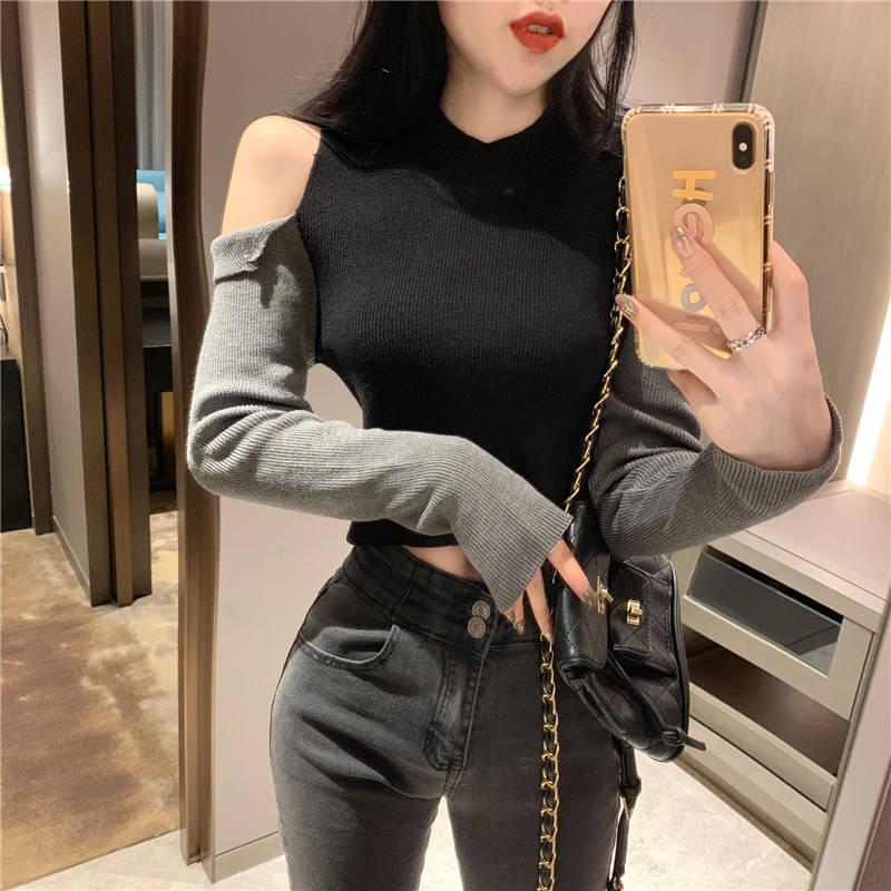 Colorblockové pulovry Módní ležérní sexy svetr Dámská slim mikina