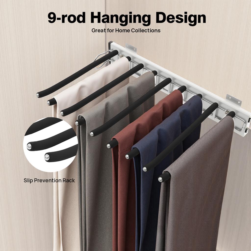 Pull Out Pants Hanger Organizer, 9-Rod Sliding Trouser Rack, Left Side Mount Closet Storage System, Holds 35 lbs for Wardrobe