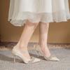 Französische Strass Aprikosen Satin High Heels Damen Xiuhe Hochzeitskleid Brautschuhe Zwei Tragemöglichkeiten Leichter Mund Dünne Absätze Keine müden Füße Einzelne Schuhe