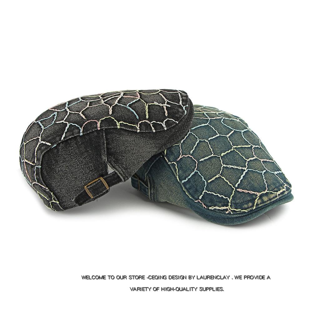 British Vintage Denim Peaked Cap Men Women Color Thread Embroidery Beret