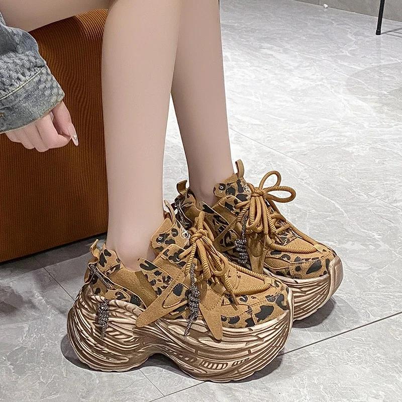 8CM High Platform Sneakers Wedge Heels Leather Walking Shoes Woman New Autumn Leopard Vulcanize Shoes Female Chunky Sneakers