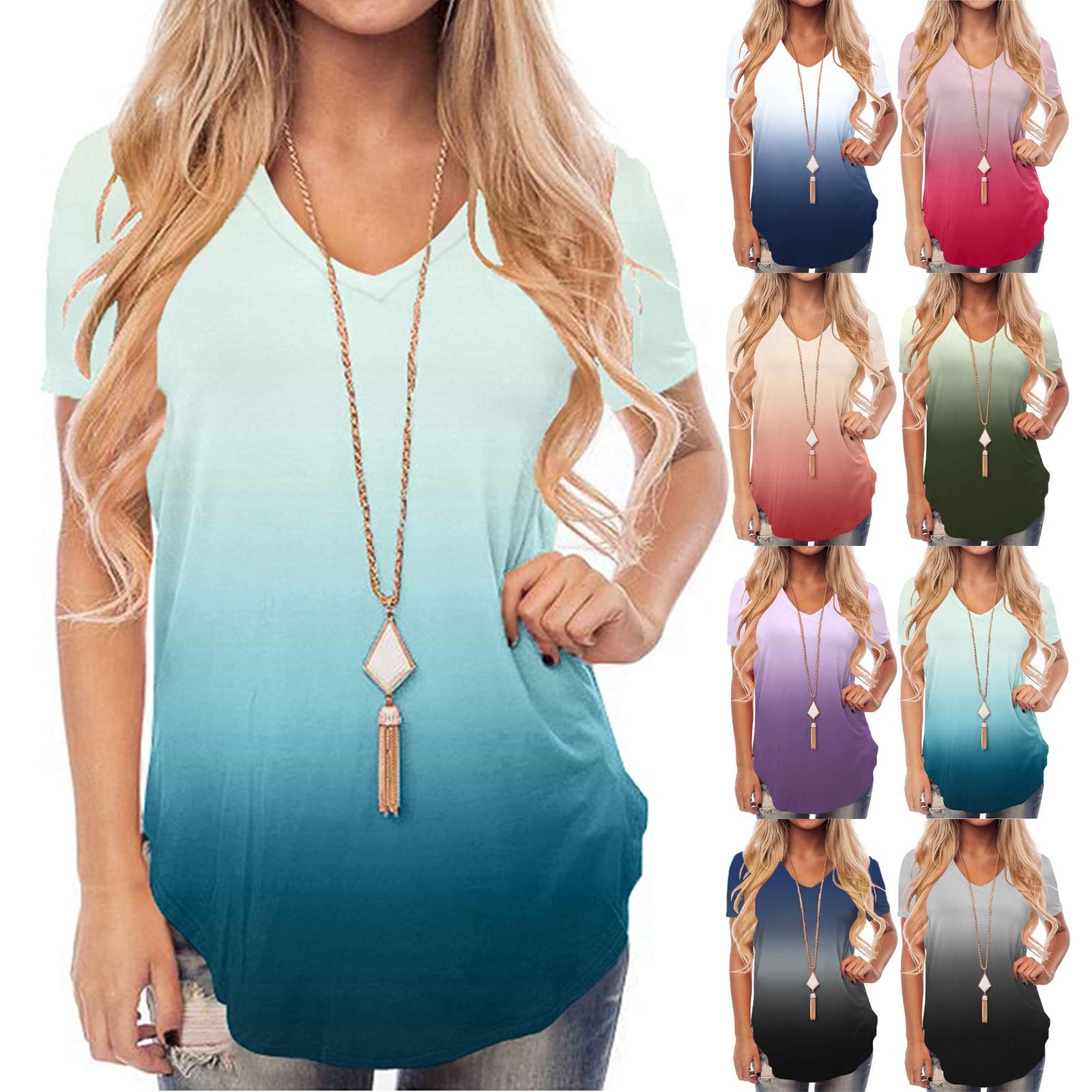 

Женская мода, повседневная футболка с v-образным вырезом и градиентом цвета, свободная футболка с ласточкиным хвостом, топ