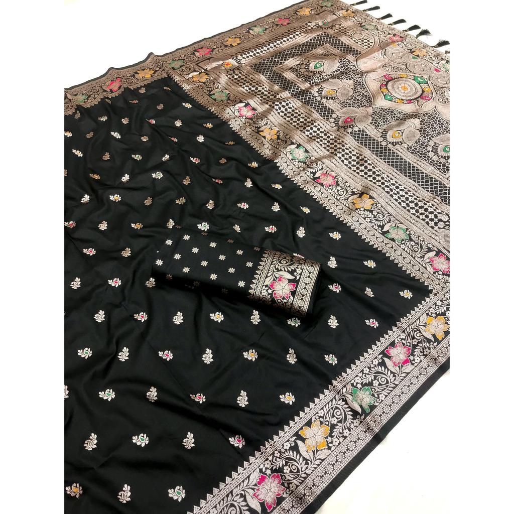 Soft Banarasi Silk Saree with Zari Weaving Meenakari Touchup Design All Over the Saree